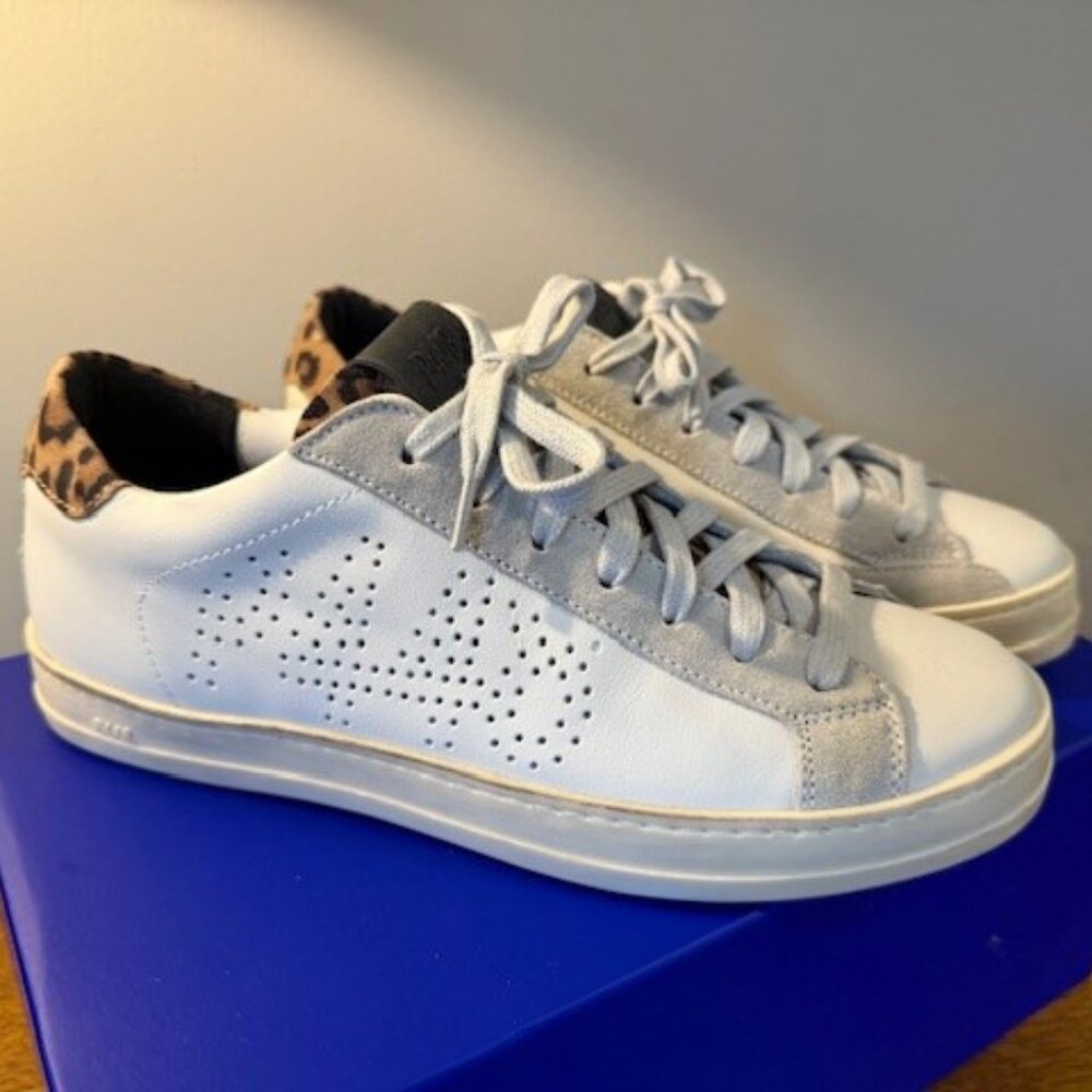 P448 White Leather Sneakers with Gray Suede and Leopard Heel
